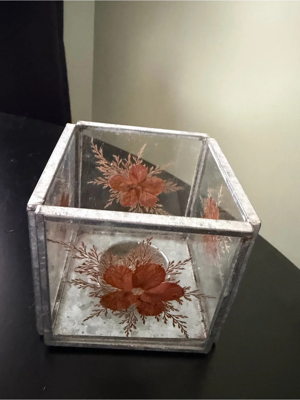 Pier 1 Imports Decorative Pressed Flower Glass Cube Candle Holder